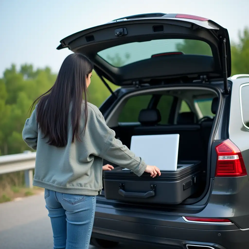 Asian Woman with Luggage and Laptop on Highway