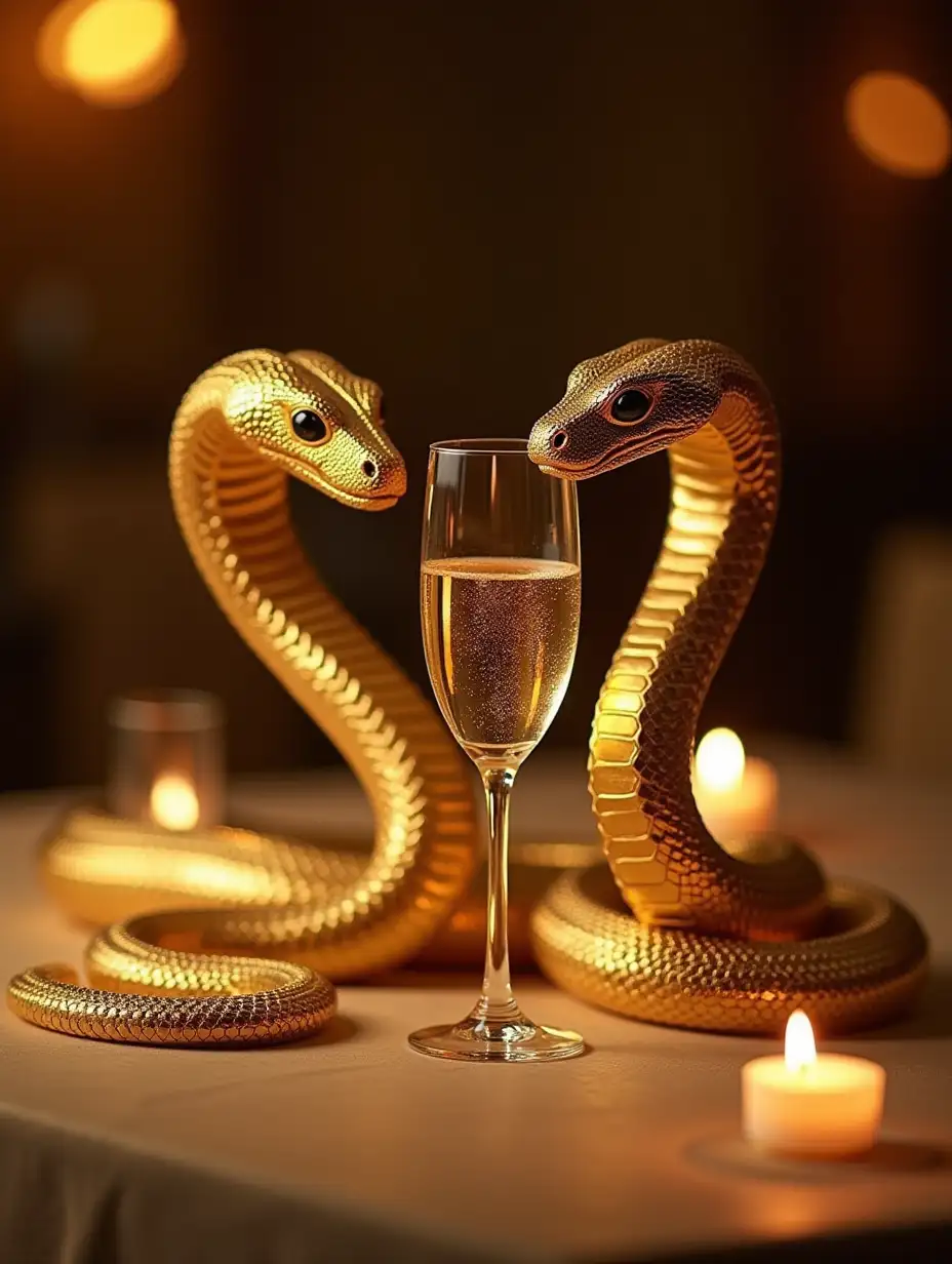 Two golden snakes, at the festive table, drink champagne