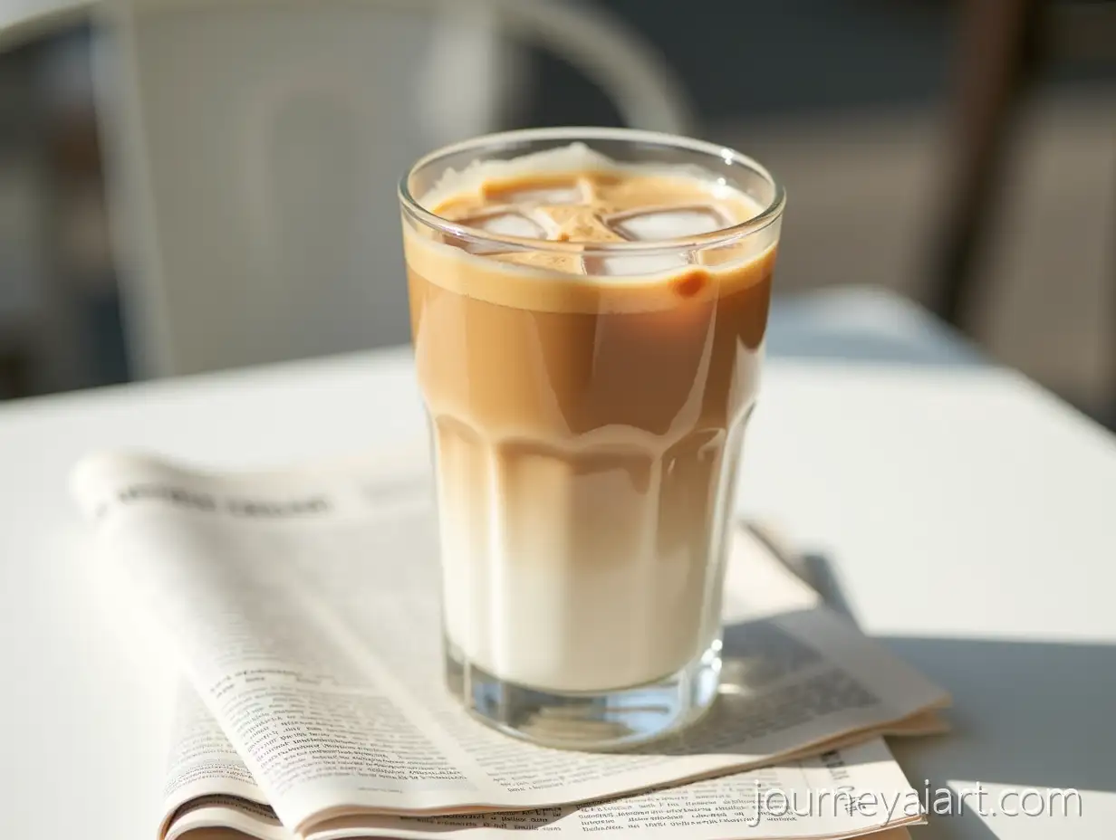 Iced-LatteIced-latte-on-caf-table-with-Ice-Cubes-and-Milk-Swirls-on-Newspaper-in-Soft-Morning-Light