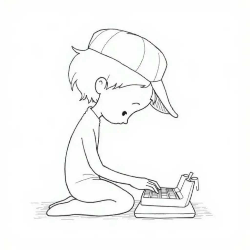 Cartoon-Child-Focused-on-Typing-at-a-Typewriter-in-Minimalist-Style