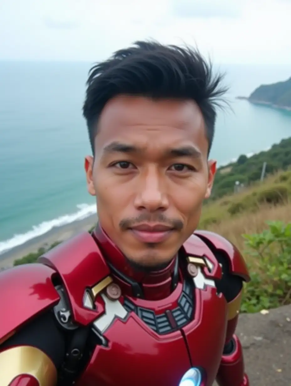 Handsome man, Indonesian facial features, slightly oval face shape, short cut hair, brown skin, around 28 years old. Selfie photo with Iron Man looking at the camera, location on a hill, sea view behind