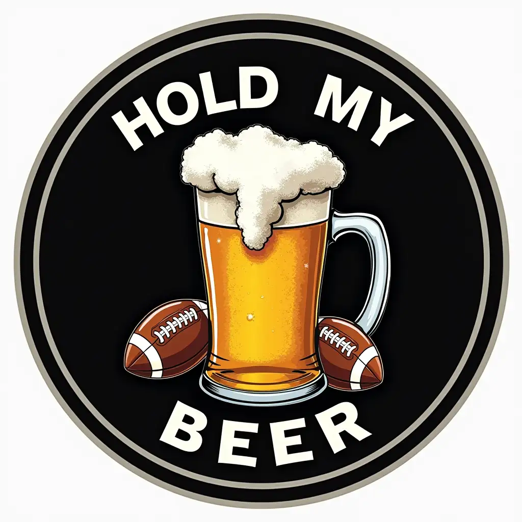 modern-style round logo with the text 'Hold My Beer' and image of frosty beer mug and small footballs in black and silver color scheme