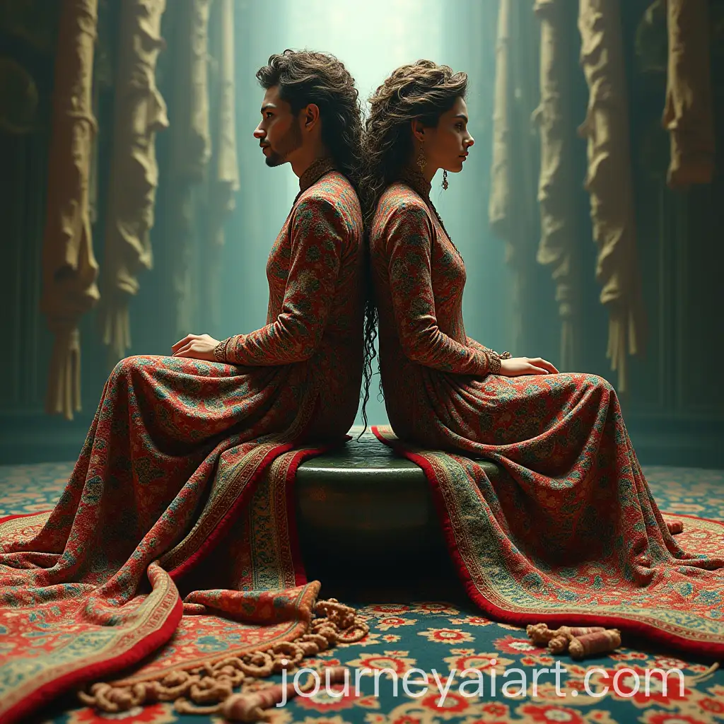 Surreal-Man-and-Woman-as-Living-Persian-Carpets-on-a-Floating-Platform