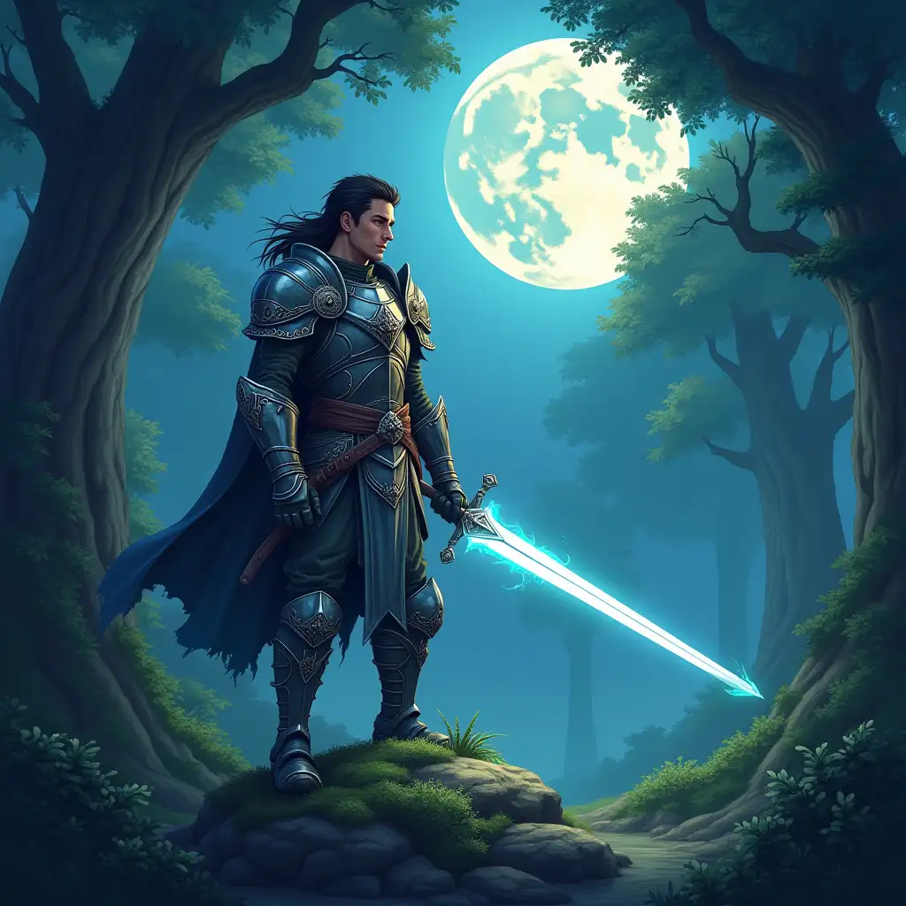 A fantasy-themed illustration of the character as a warrior in a mystical forest, wielding a glowing sword. The scene is bathed in moonlight, with the character standing confidently on a moss-covered rock. Fantasy art style, detailed armor design, soft glows, mystical lighting, magical atmosphere, intricate foliage, hand-painted effects, 2:3 portrait ratio -v 6.0