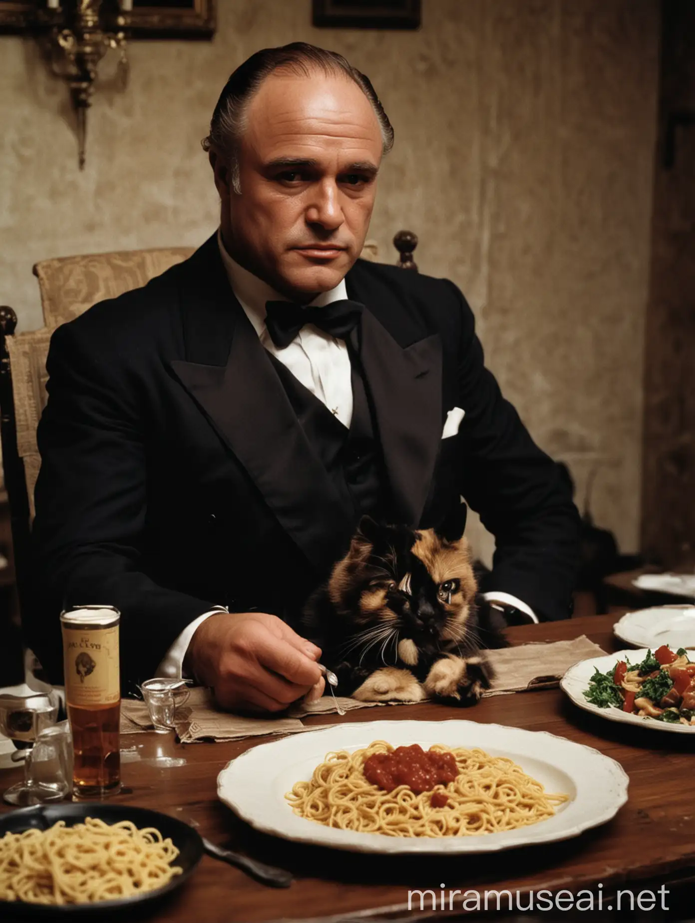 Godfather Marlon Brando Sitting with Cat and Pasta