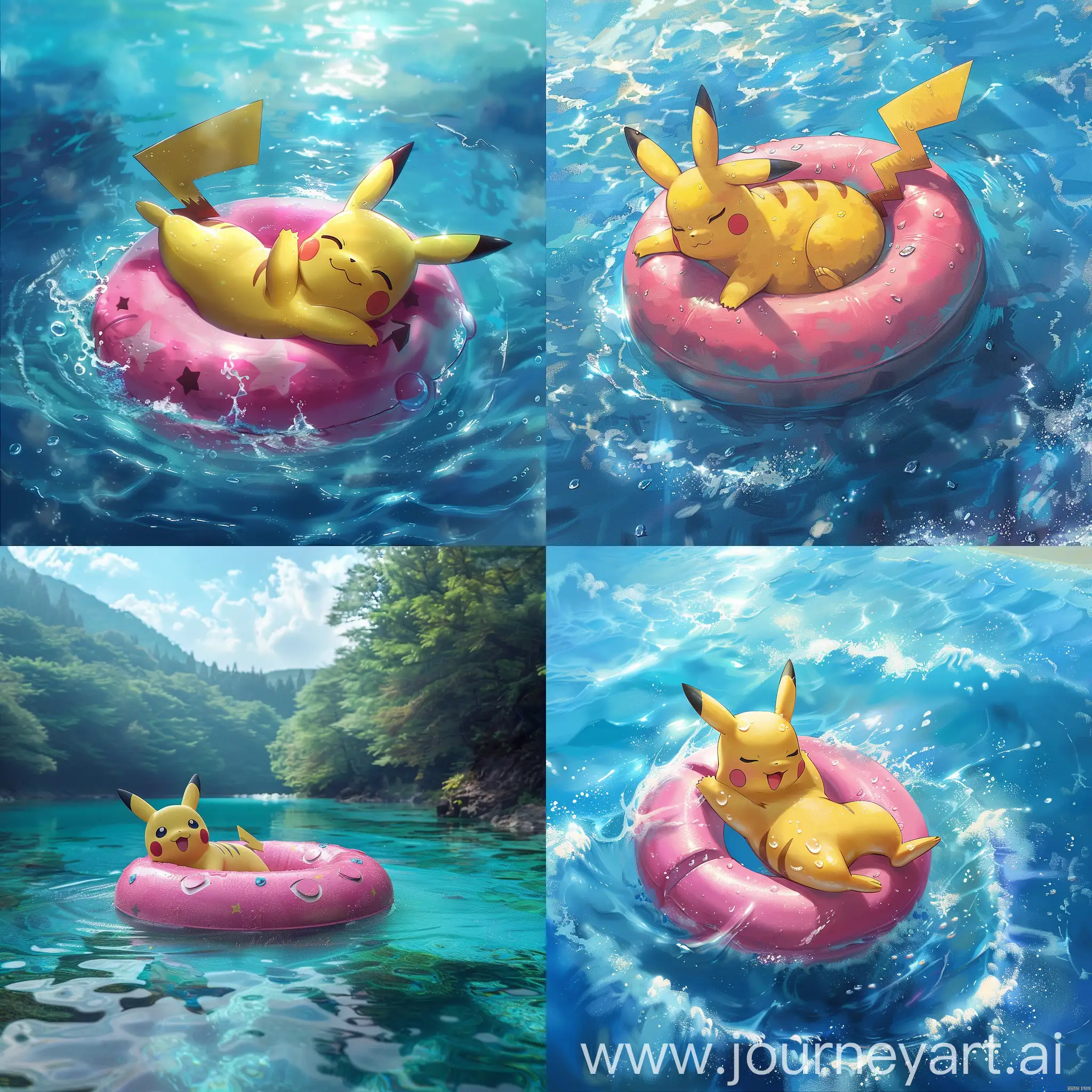 Pikachu-Relaxing-on-Pink-Inflatable-Donut-in-Blue-Water