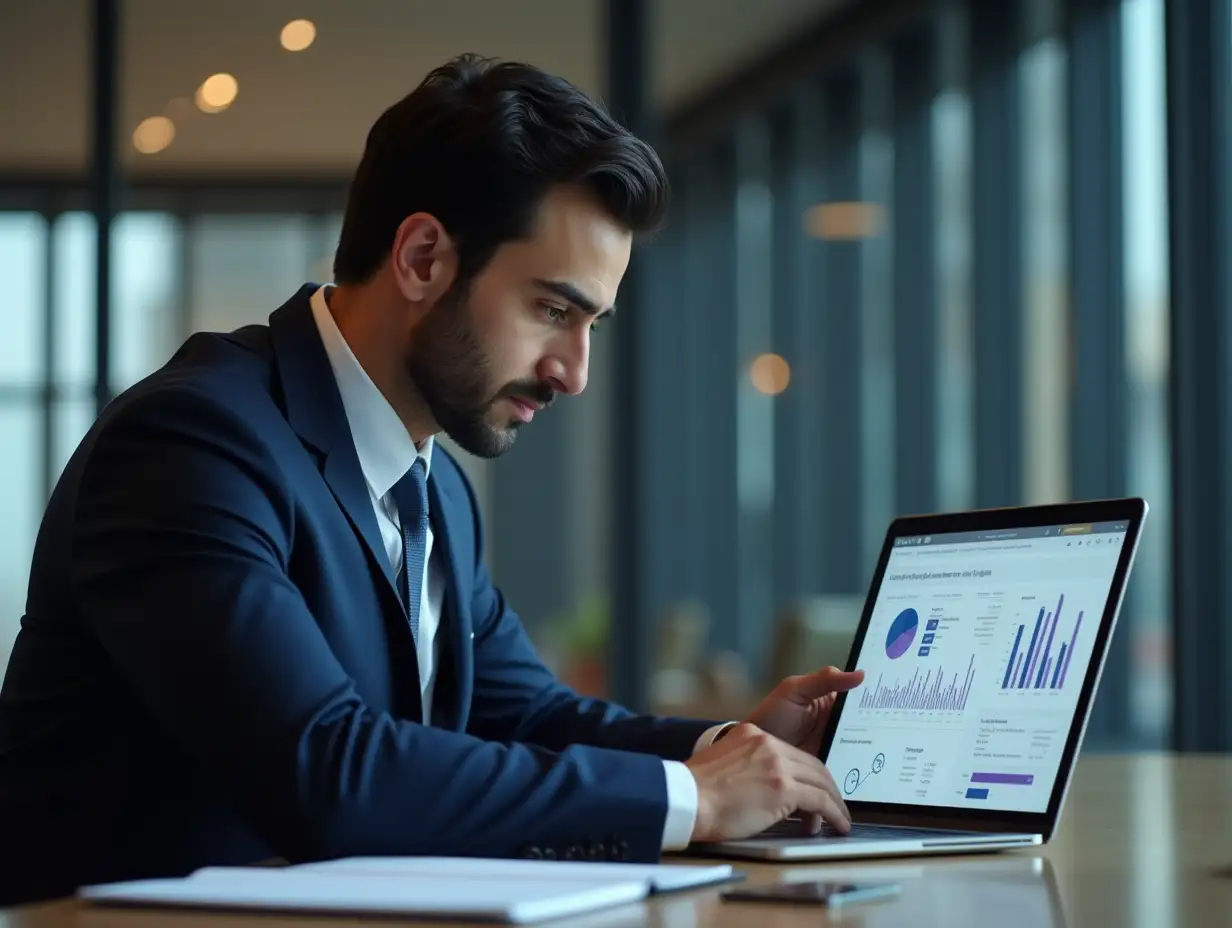 A hyperrealistic photograph of a male Iranian lawyer with dark hair working diligently on a laptop in a modern, well-lit office. He is wearing a professional suit and has a focused expression on his face. The laptop screen displays a user-friendly interface with legal documents and data charts. The color palette includes deep indigo/purple-blue, white, and light gold, conveying professionalism and expertise. The background is subtly blurred to emphasize the lawyer's concentration on his work. The entire image should have a photorealistic quality, with a focus on detail and realism.