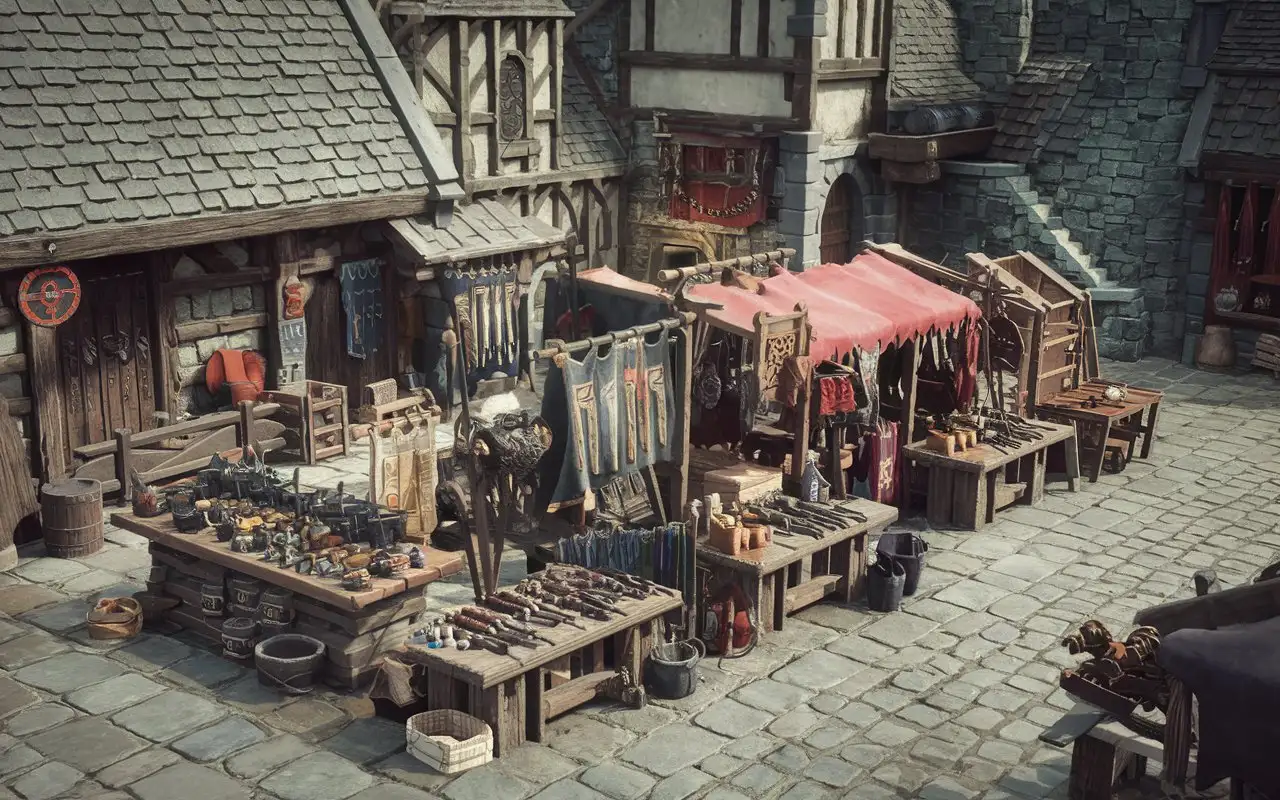 Background for game, market with traders and shops, fantasy, Charlie Bowater, selling weapons, blacksmith's shop, without people