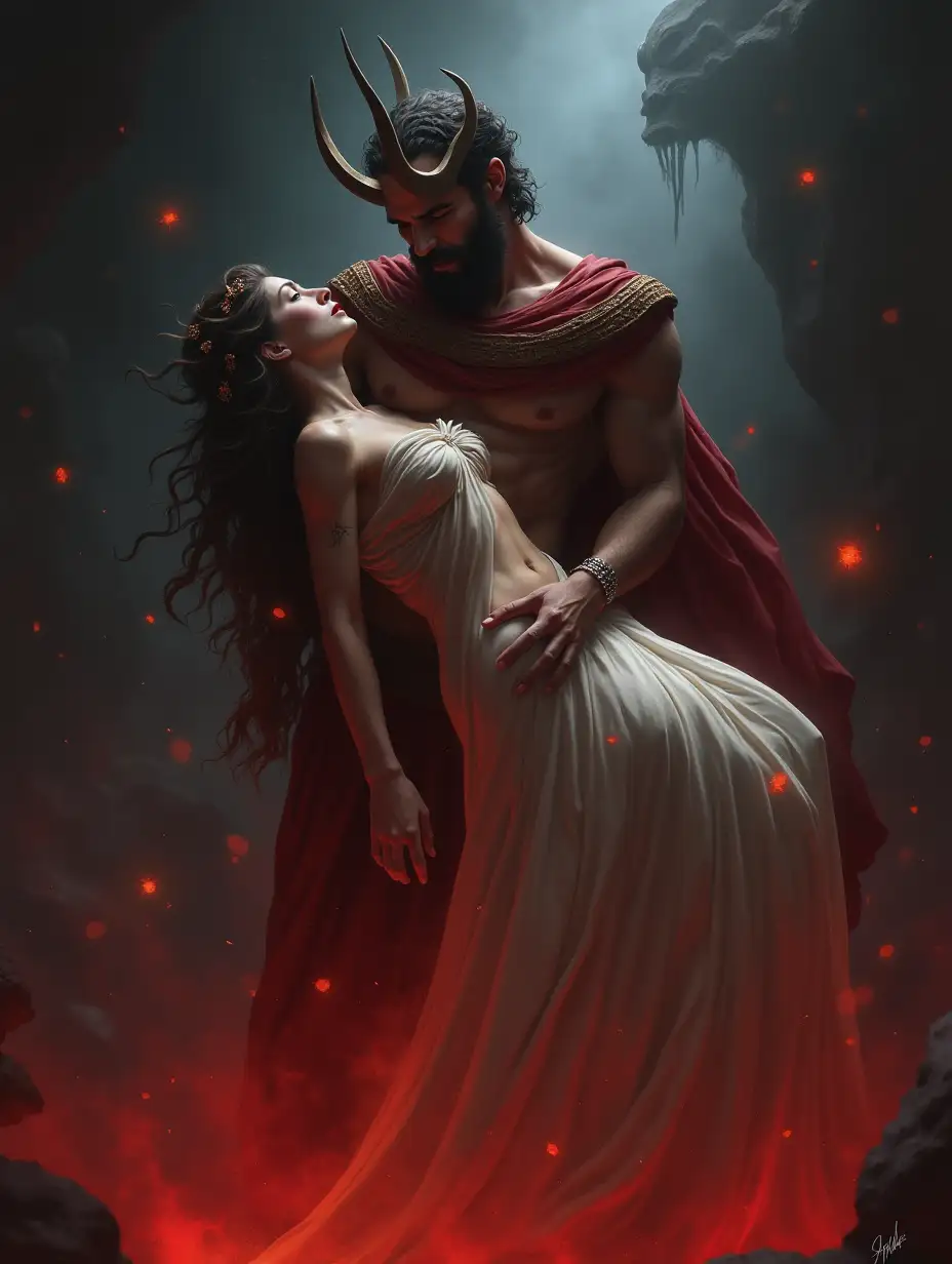 create an animated-realistic image of Persephone being abducted by Hades