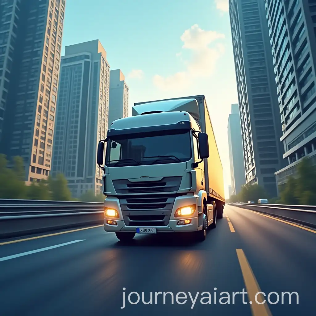 Truck-Driver-Speeding-Through-Urban-Highway-with-High-Rises