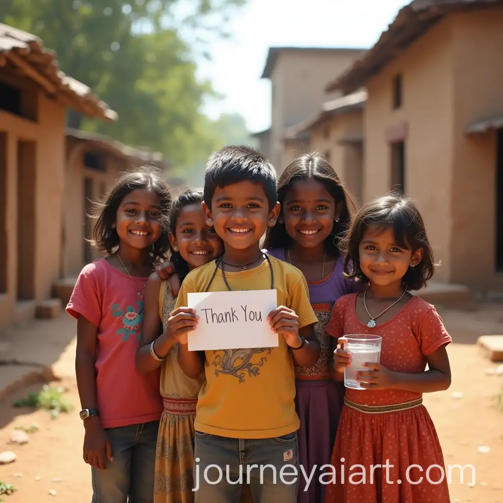 Joyful-Indian-Children-in-a-Rural-Village-with-a-Thank-You-Card-and-Glass-of-Water