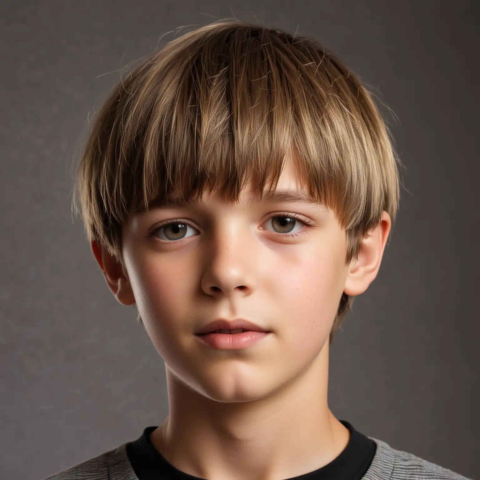 Closeup Portrait of ElevenYearOld Boy with Dark Blond Bowl Cut and Highlights