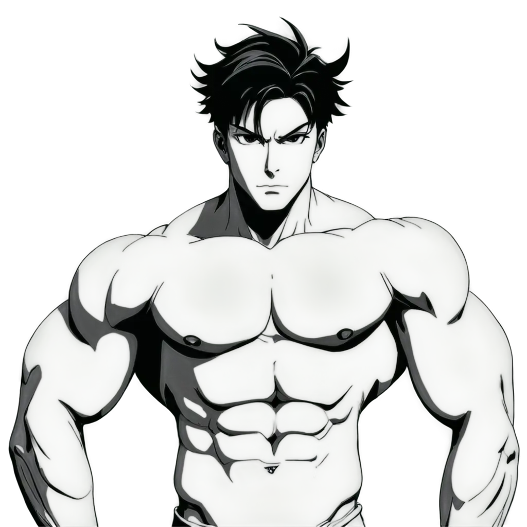 PNG-Image-Black-and-White-Upper-Body-Anime-Character-in-Muscular-Pose