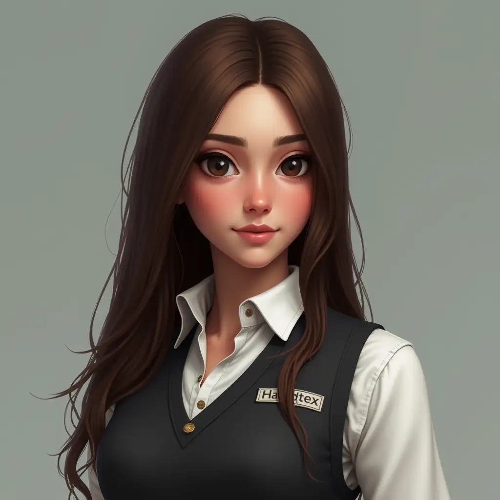 Create HR starter pack, Anaïs. Long straight brown hair, very dark eyes and fair skin. Thin and long face. Clothing consisting of a white shirt with a black vest labeled Handtex