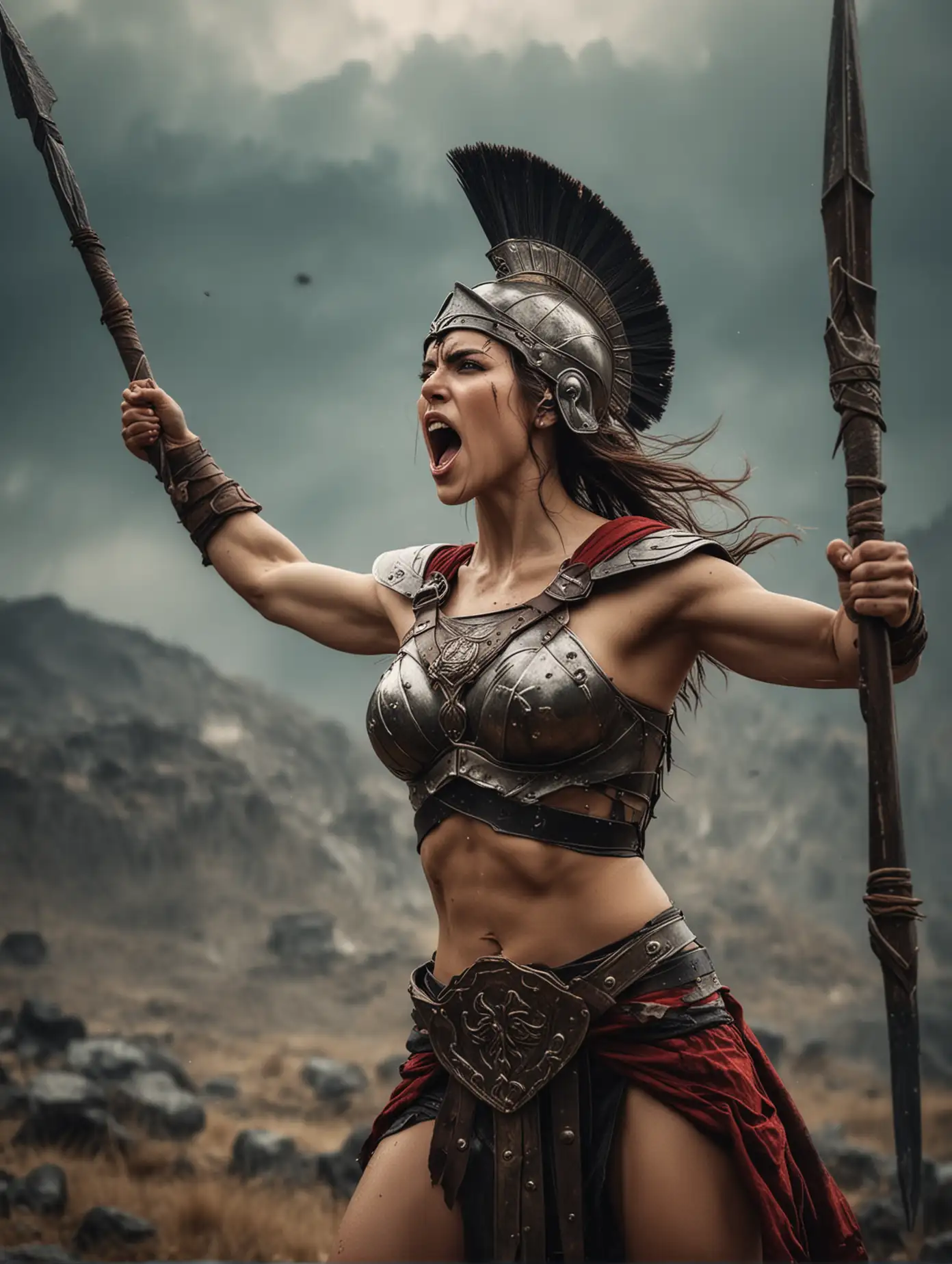 a beauty spartan goddess soldier, angry, scream , moody ekspression, holding up her spear into the sky, natural elements flying in the air background, depth of field