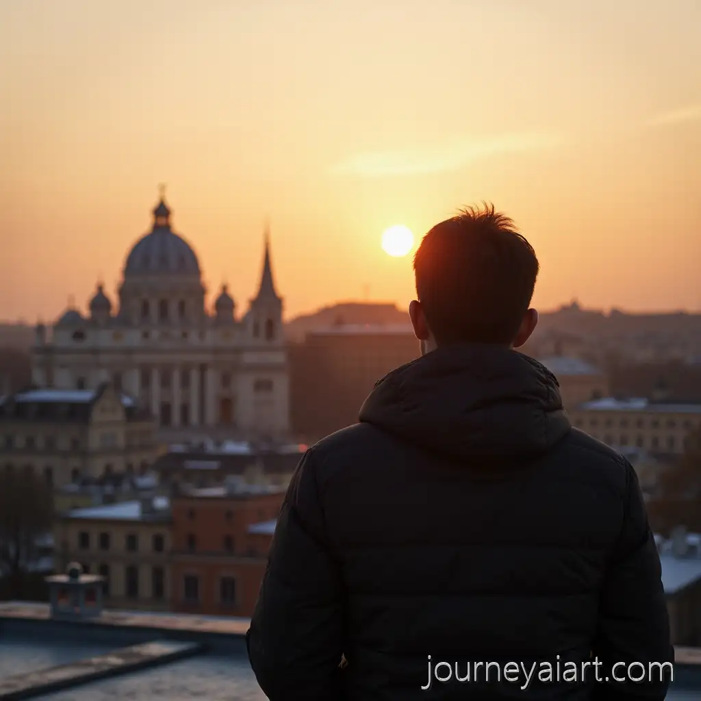 Person-Standing-at-theSunset-view-of-Isaac-Cathedral-Edge-of-Peters-Roof-Overlooking-Isaac-Cathedral-at-Sunset