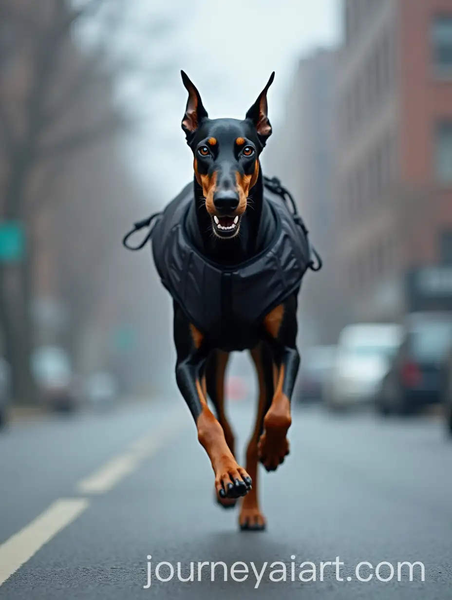 Doberman-Sprinting-Down-Misty-City-Street-in-Reflective-Athletic-Vest