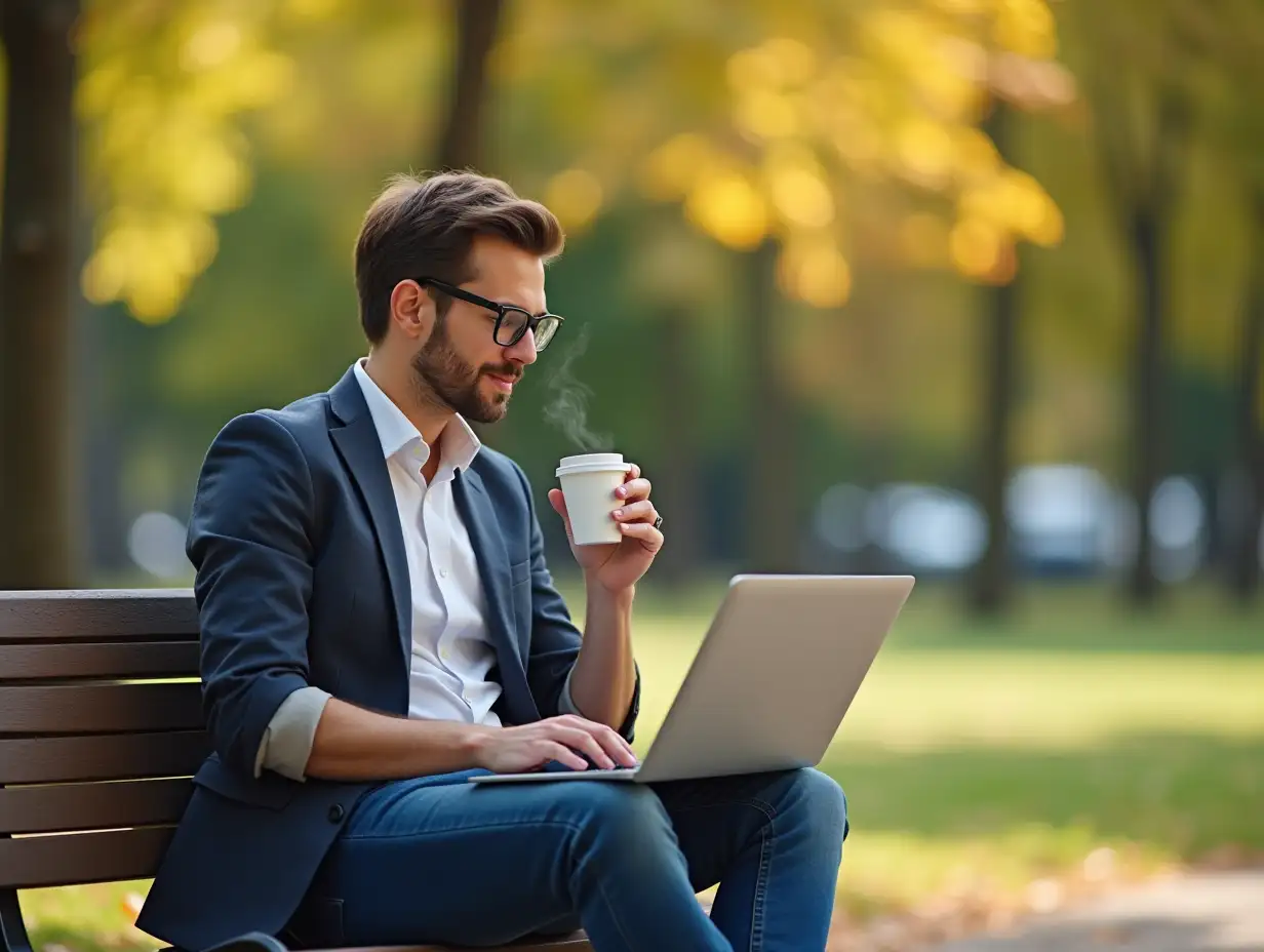 A man working on his laptop, enjoying a cup of coffee in the park. Fictional Character Created by Generative AI.