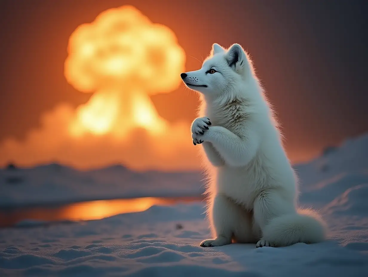 Background - nuclear explosion. A white fluffy polar fox is standing facing forward on its hind legs, right front paw raised to chest, flash from nuclear explosion resembles a halo around his head. Photorealism.