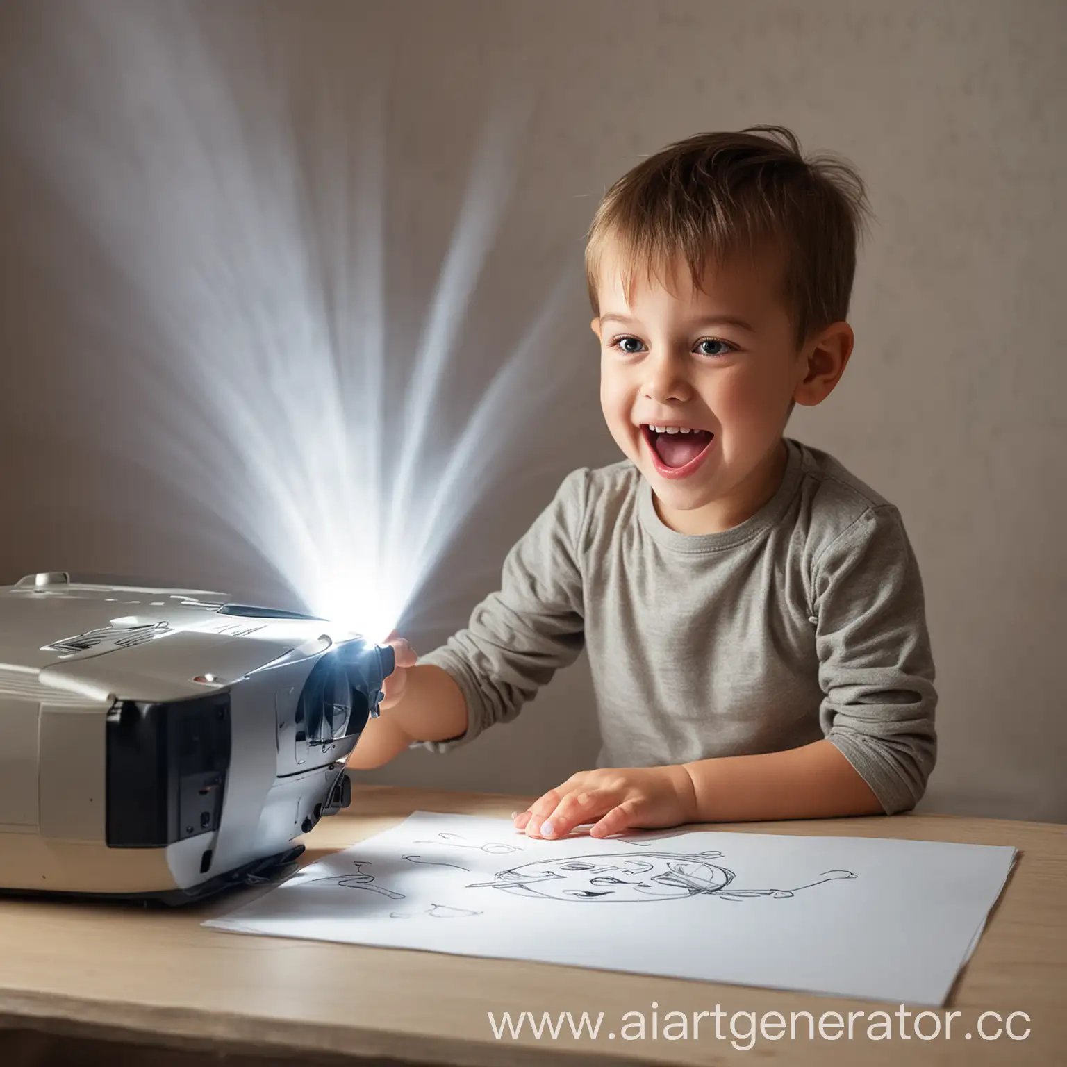 a very happy child plays (draws) with a new drawing projector. Here it's important to convey involvement and joy from the new acquisition. Emotions are everything! It should create the impression of a successful photo