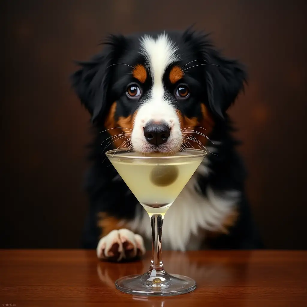 Create an image of a small Bernese Mountain Dog drinking a blue-cheese stuffed olive vodka martini