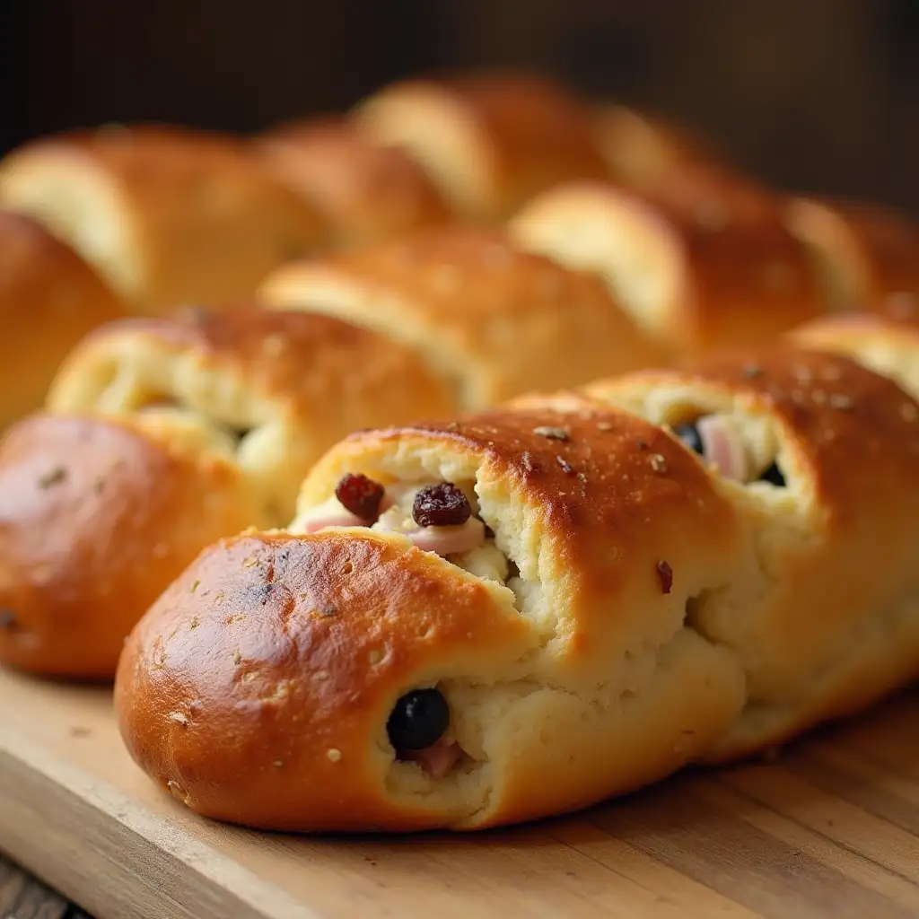 Generate an image of a long Venezuelan ham bread, which is a soft and spongy bread, filled with a delicious mixture of ham, olives, raisins and sometimes touches of peppers or bacon. Its dough, slightly sweet, is kneaded and baked until a perfect golden color is obtained.