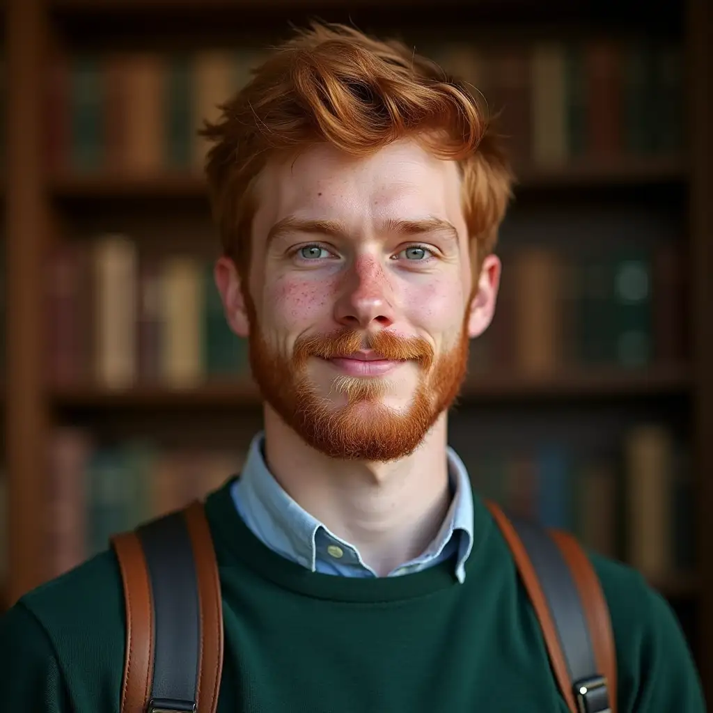 University researcher with tuscan gardens or library academic background. centered in frame. Close-up view showing head and upper torso. Realistic photographic style. Natural professional front light like a professional photo in a studio. Irish young adult with strong Irish features,  typical Irish red hair, freckles, full face, big cheeks, short beard.