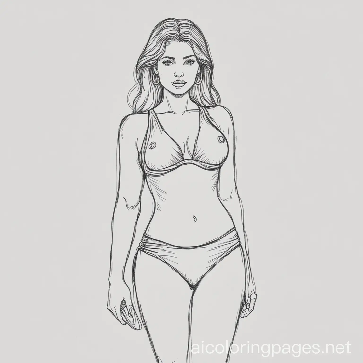 woman in bikini coloring page, Coloring Page, black and white, line art, white background, Simplicity, Ample White Space. The background of the coloring page is plain white to make it easy for young children to color within the lines. The outlines of all the subjects are easy to distinguish, making it simple for kids to color without too much difficulty