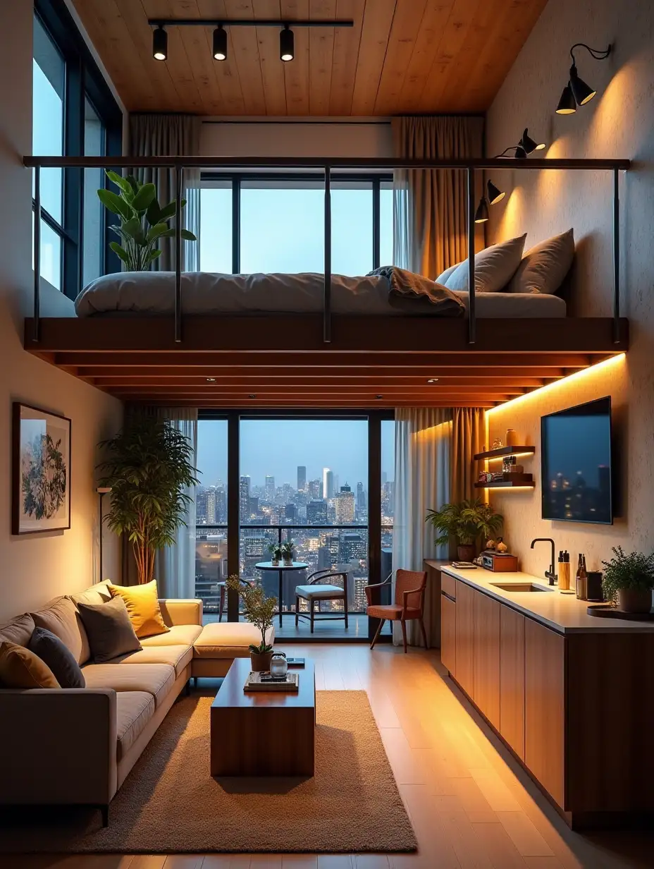 Cozy-Modern-Loft-Apartment-with-City-Skyline-View-and-Stylish-Interior