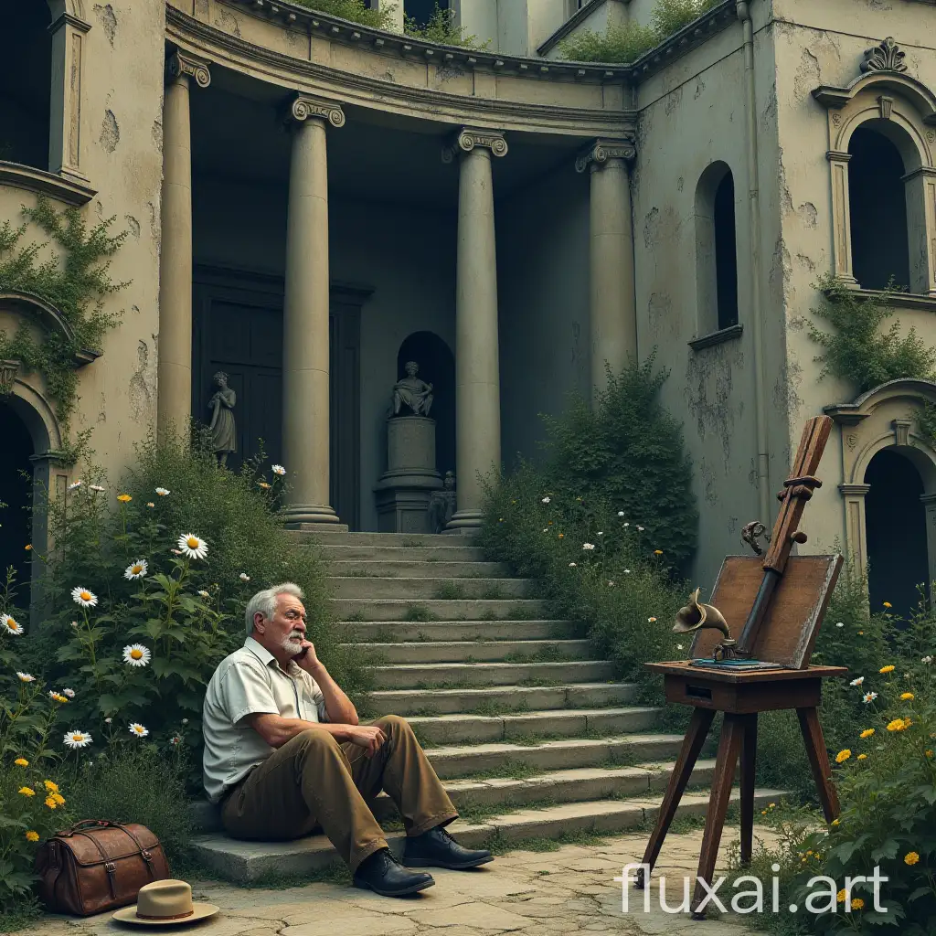 A tall ruined building with columns, windows, ivy, daisies, cornflowers, peeling walls, statues, evening sky and a concrete staircase. An old man sleeps on the steps, next to a hat, boots, an old bag. An old gramophone plays music. A palette with paints lies, an old easel stands.