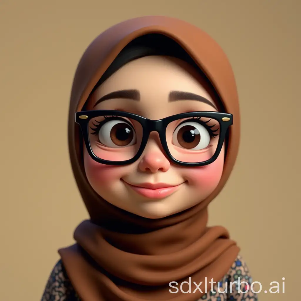 hyperrealistic 3d cartoon style caracter with big head, indonesian woman, 36 years old, light brown skinned, wearing large black framed square glasses, wearing a brown syar'i hijab, round face, big nose, wide smile and has a mole on her right cheekbone