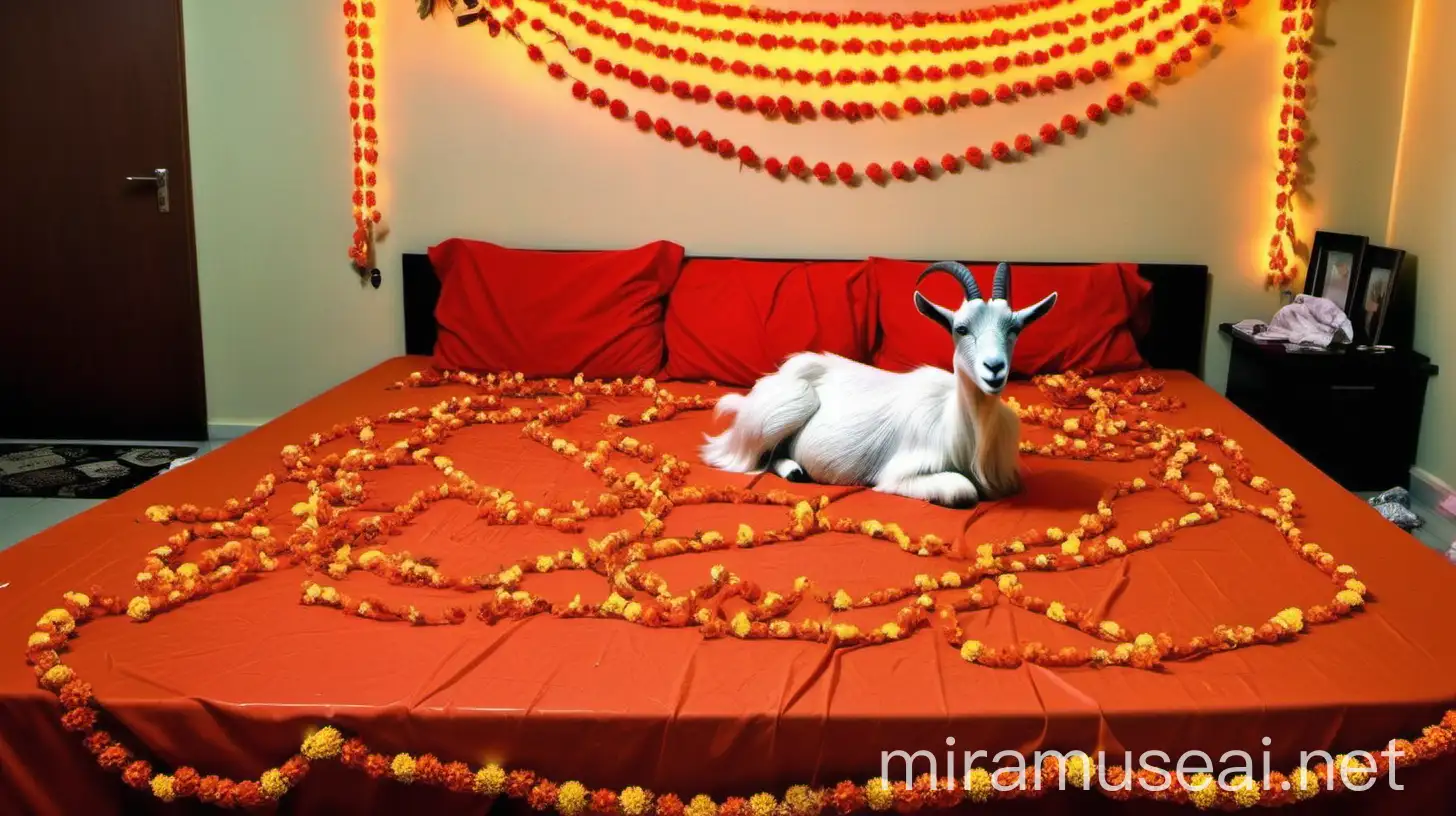 Goat Sitting on Bed with Broken Garlands and Flowers