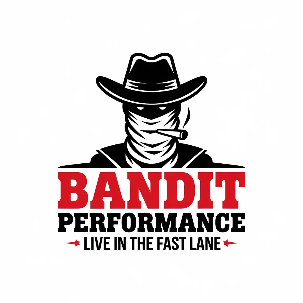 LOGO Design for Bandit Performance Western Bandit with Cigar Cowboy Hat and Bold Red Text