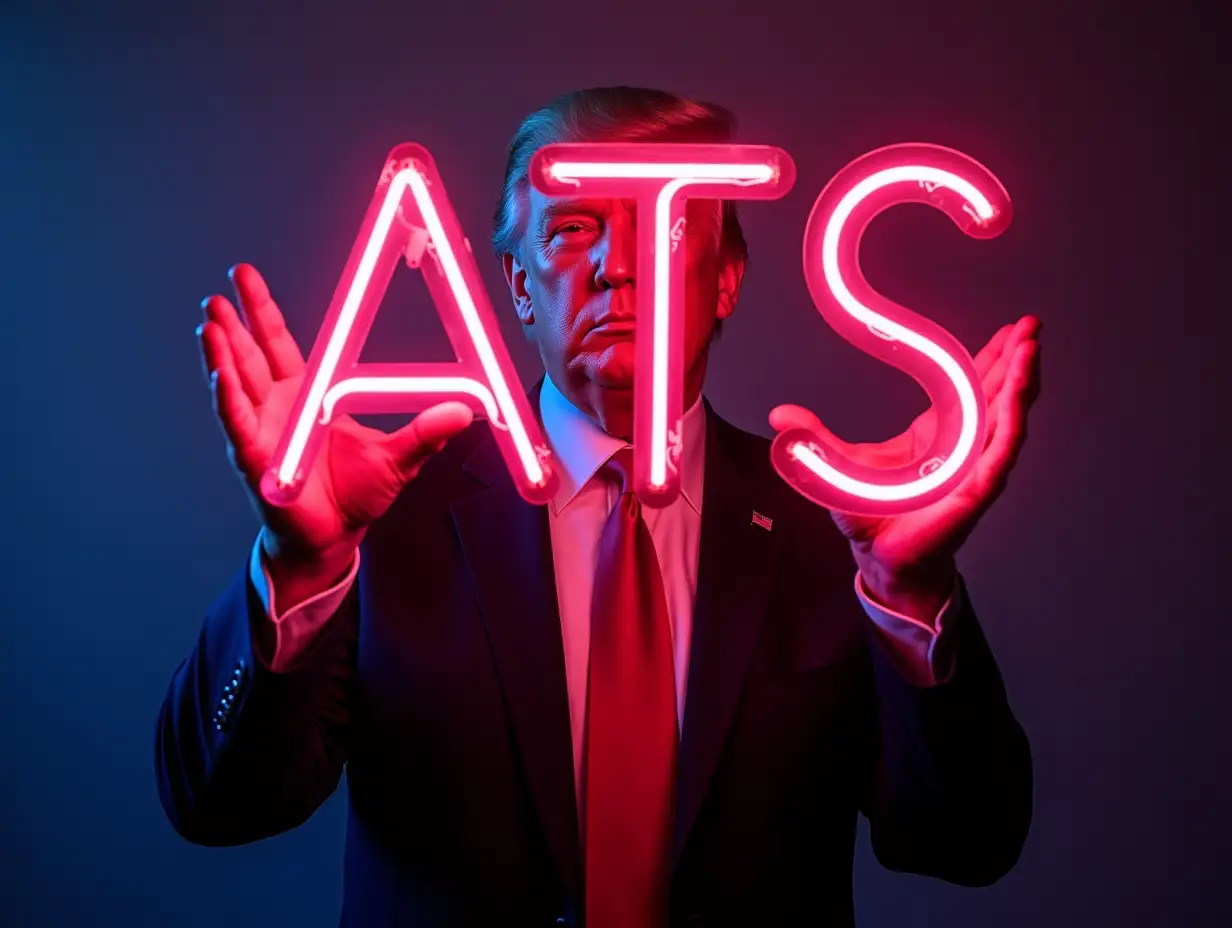 Donald Trump holds in hands neon sign «ATS», cyberpunk