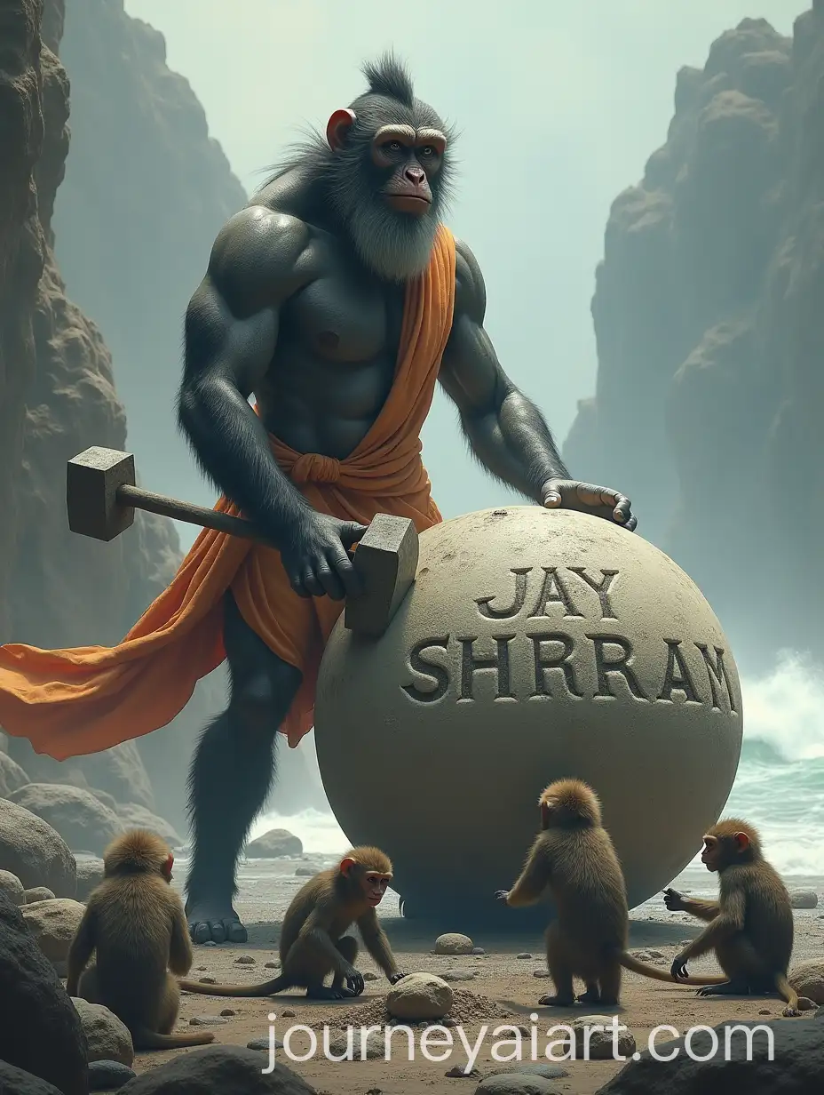 Mythical-Hanuman-Shaping-Stone-with-Hammer-on-Rocky-Shoreline
