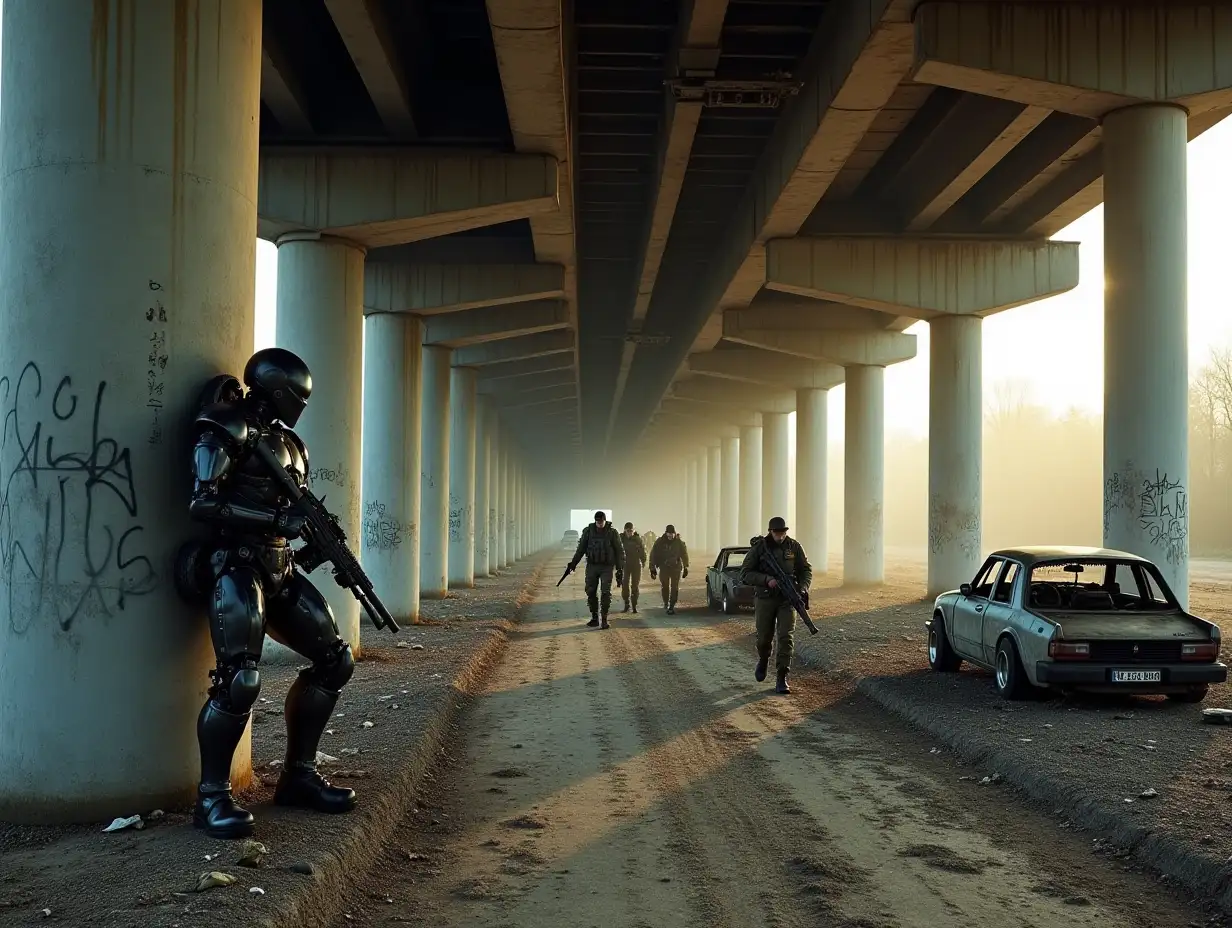 Futuristic-Scene-of-Mechanoid-and-Soldiers-Amidst-Urban-Decay