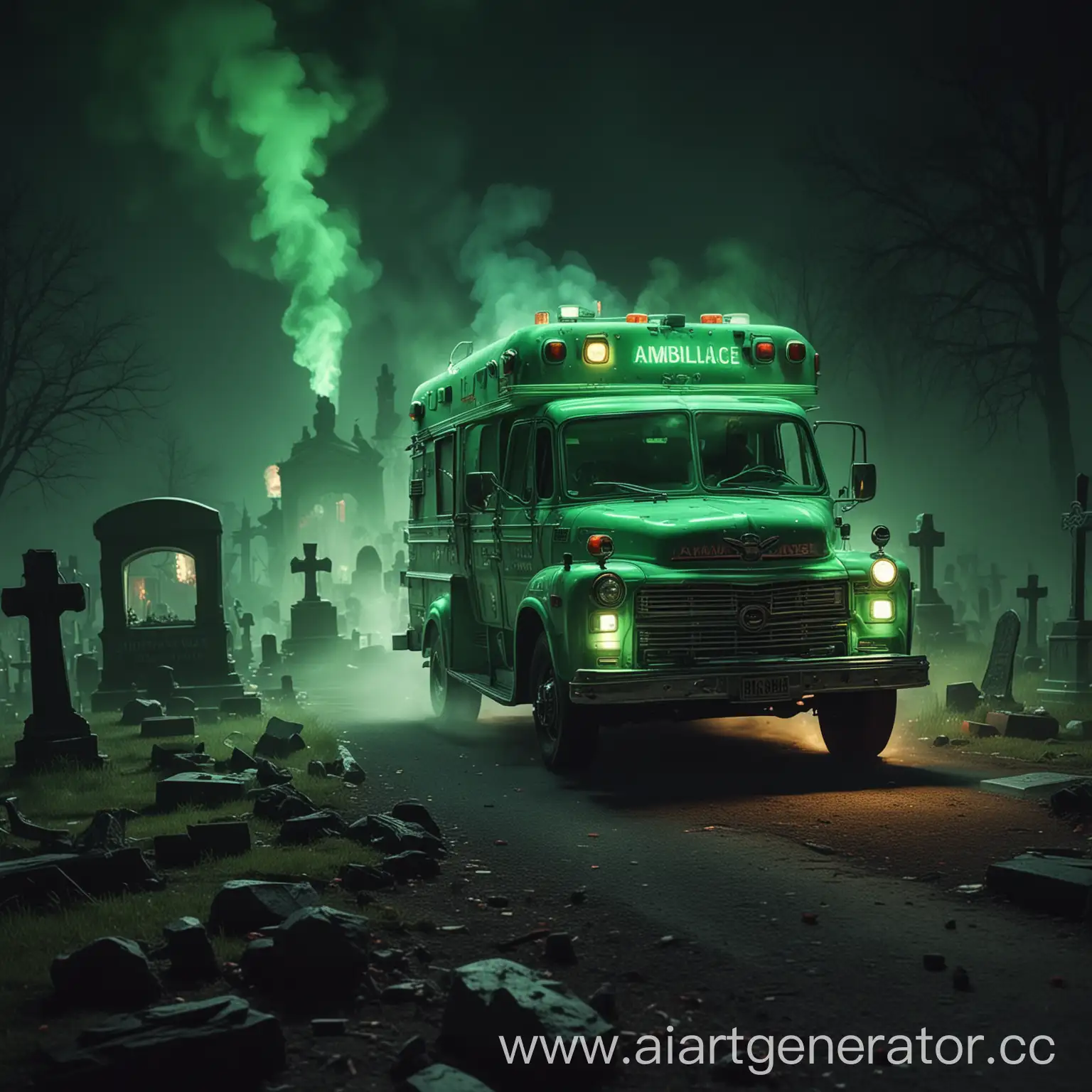 80s-NeonStyle-Hotrod-Ambulance-Racing-Through-Nighttime-Cemetery-with-Smoke-and-Fire