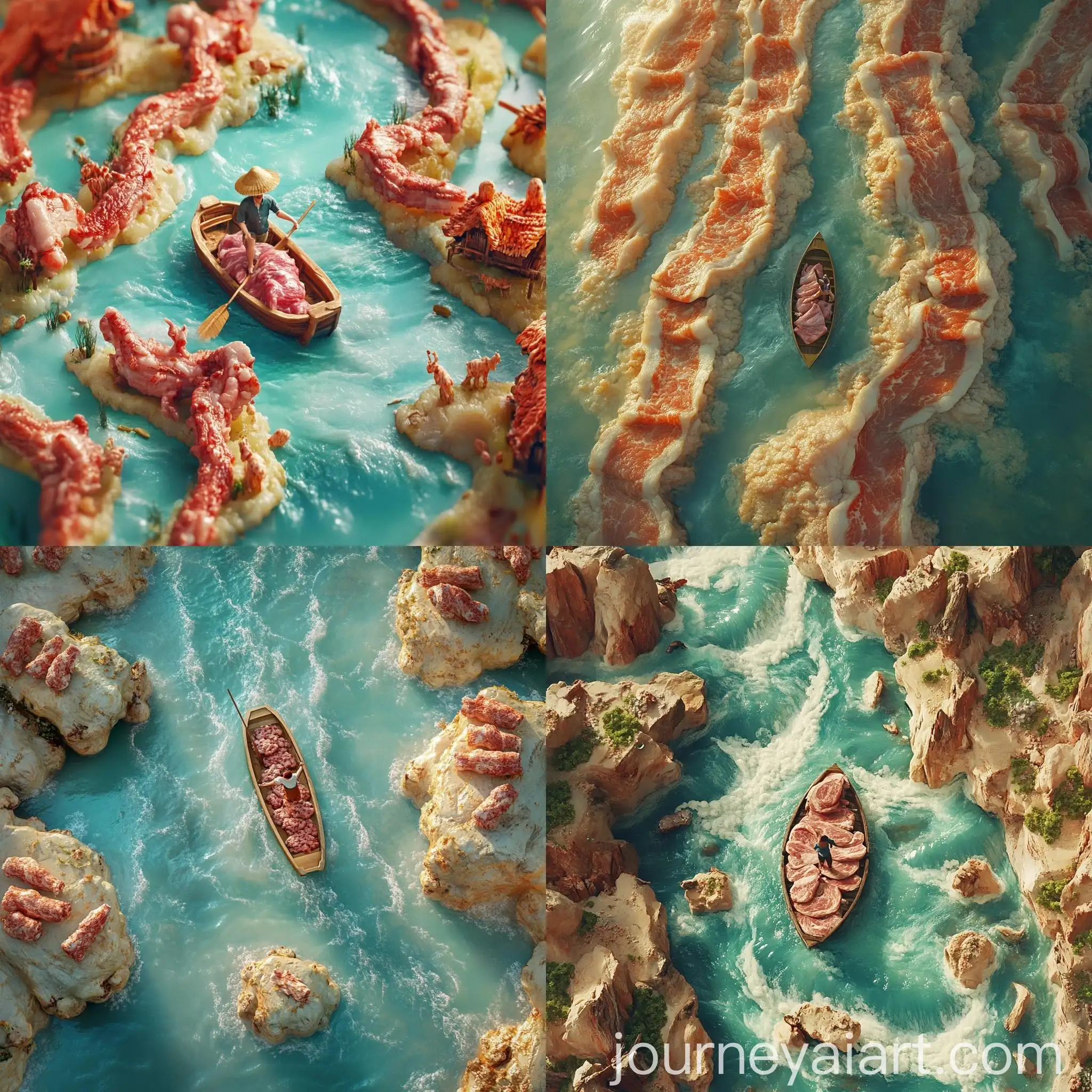 Birds-Eye-View-of-Pork-River-with-Boating-Man-Cinematic-Food-Advertisement-Design