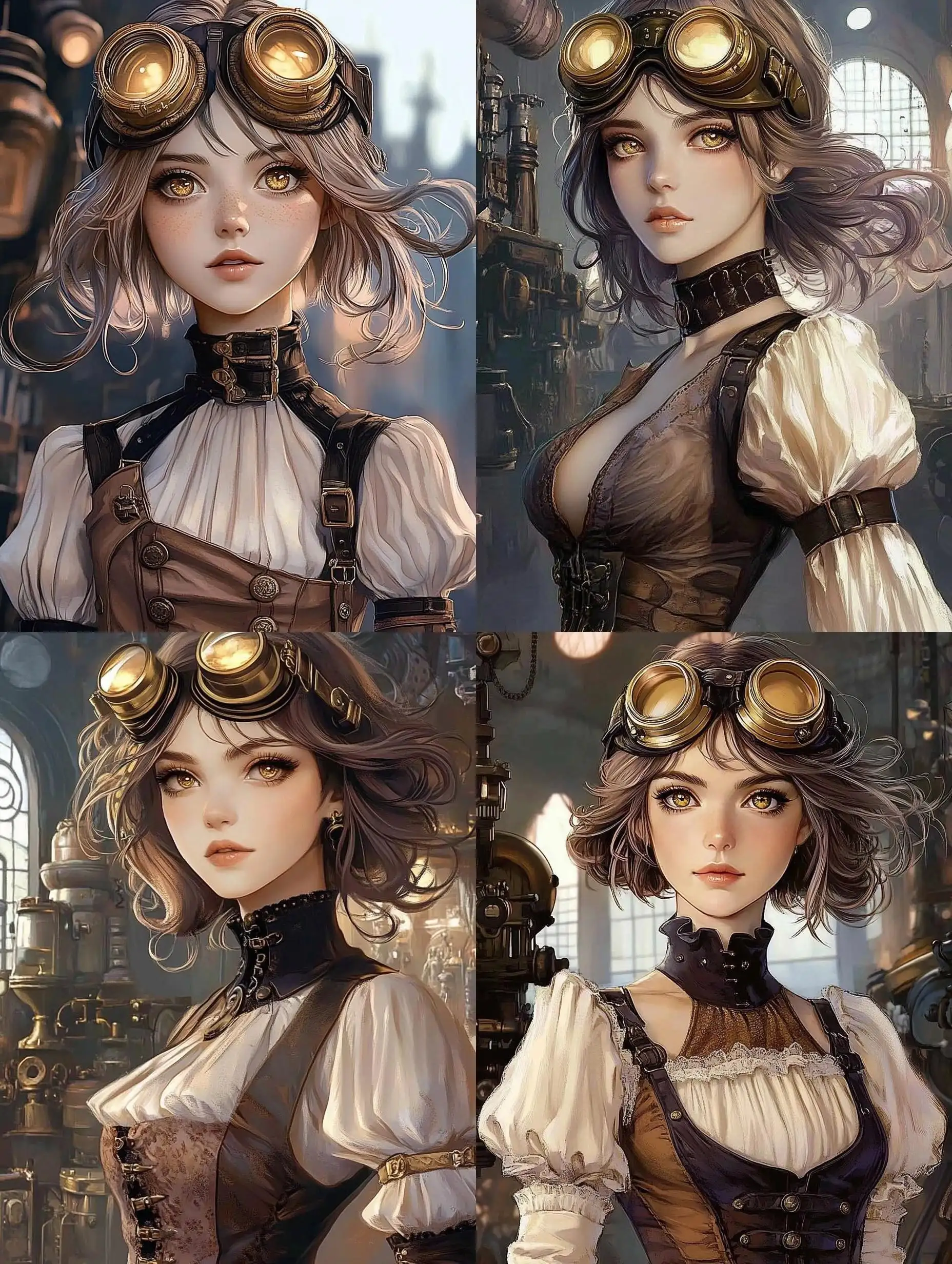 Girl-with-Golden-Eyes-in-a-Tinker-Shop-with-BrownWhite-Dress-and-Goggles