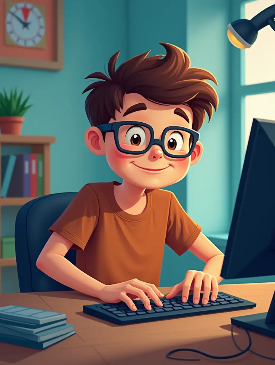 A teen cartoon boy wear glasses working on computer with web cam in pov view