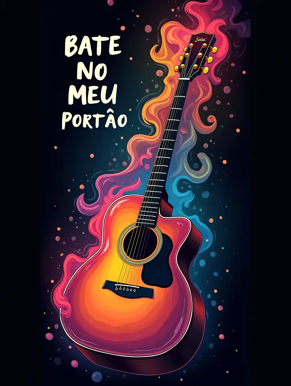 Vector illustration. Create an image with a Vintage acoustic guitar is made up of images with the colors of the rainbow, bright colored smoke, which is exhaled by the guitar, creating a strong contrast with a black background glass that has white text 'BATE NO MEU PORTÃO' in bold, footer