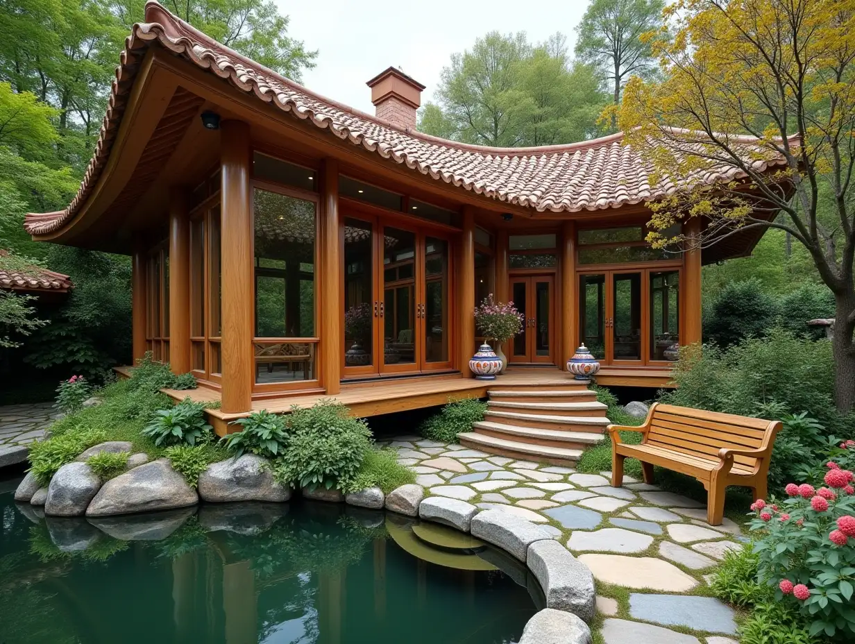 crooked house pond in the garden planting-wood ornamental plaster in the form of,large windows with glass to, curved, smooth window shapes, winding large entrance steps made of wood complex curved roof with pond ,Lanterns,Bench apple tree 4K resolution colorful superWide-angle shots