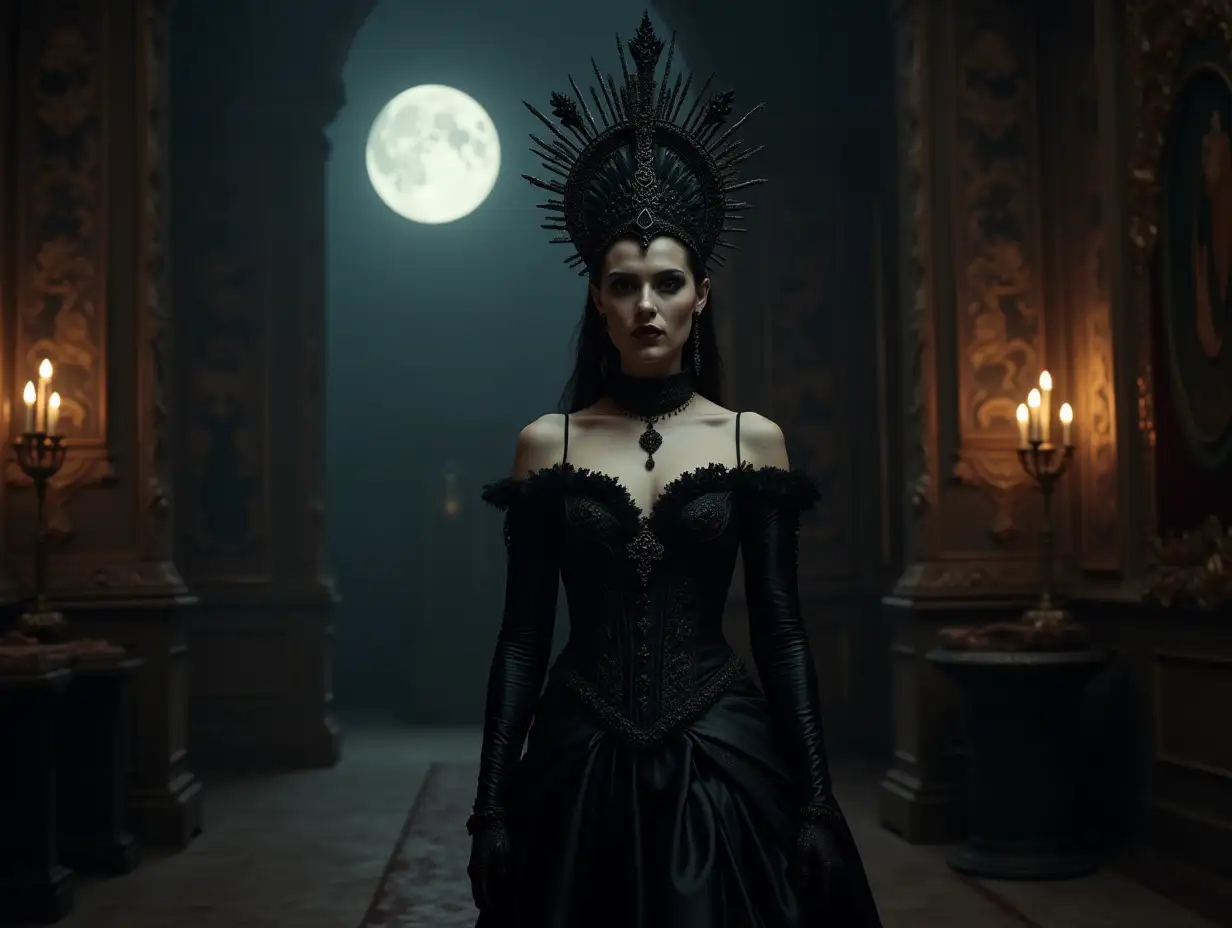 Queen-of-Vampires-in-Gothic-Attire-with-Headdress-in-Castle-Hall-at-Night-with-Full-Moon