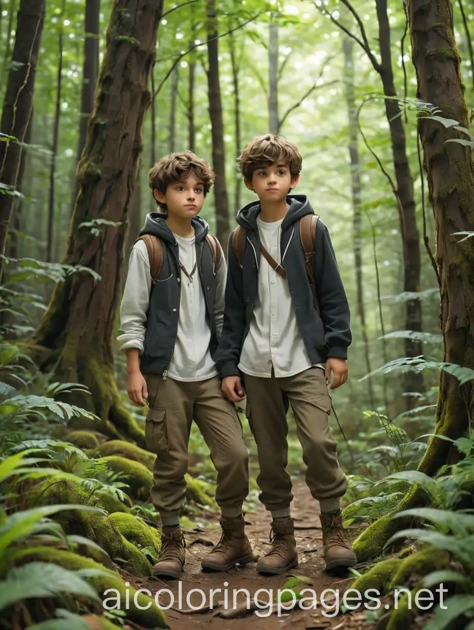 Two-Boys-in-Fantasy-Clothes-Exploring-a-Magical-Forest-Kids-Coloring-Page