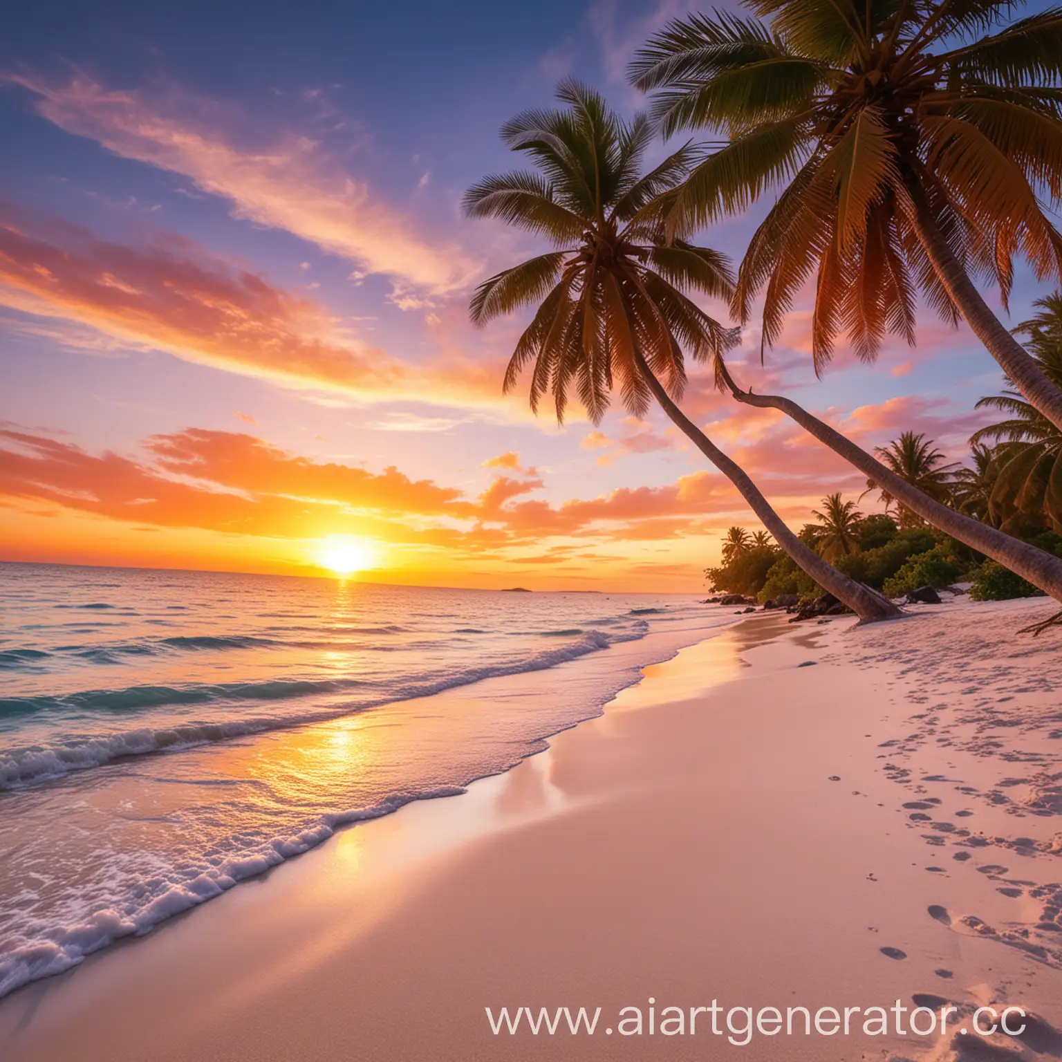 Pristine-White-Sand-Beach-with-Majestic-Palms-and-Fiery-Sunset