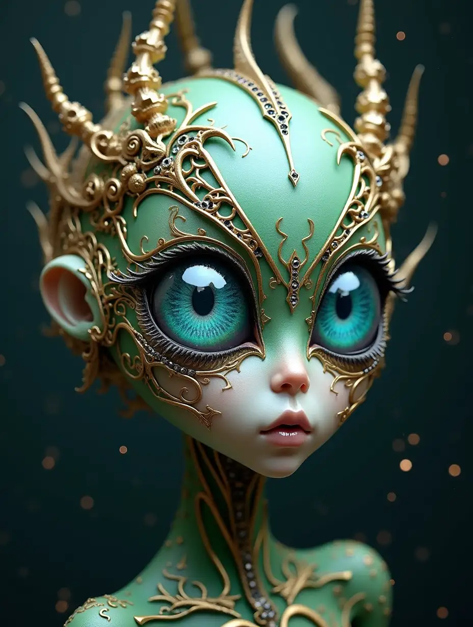 an attractive freaky alien girl with huge aquamarine eyes, a reflection of galaxies in her eyes, head and porcelain face are covered with golden open work filigree and tiny black crystalls, green metal exoskeleton, celestial background, photorealistic, grotesque, dark botanical, gothic,  diamond graphics, celestial, lots of tiny fine-lined filigree elements, thoroughly detailed, ultra HD, 8k, blur free details, high detail, photorealism