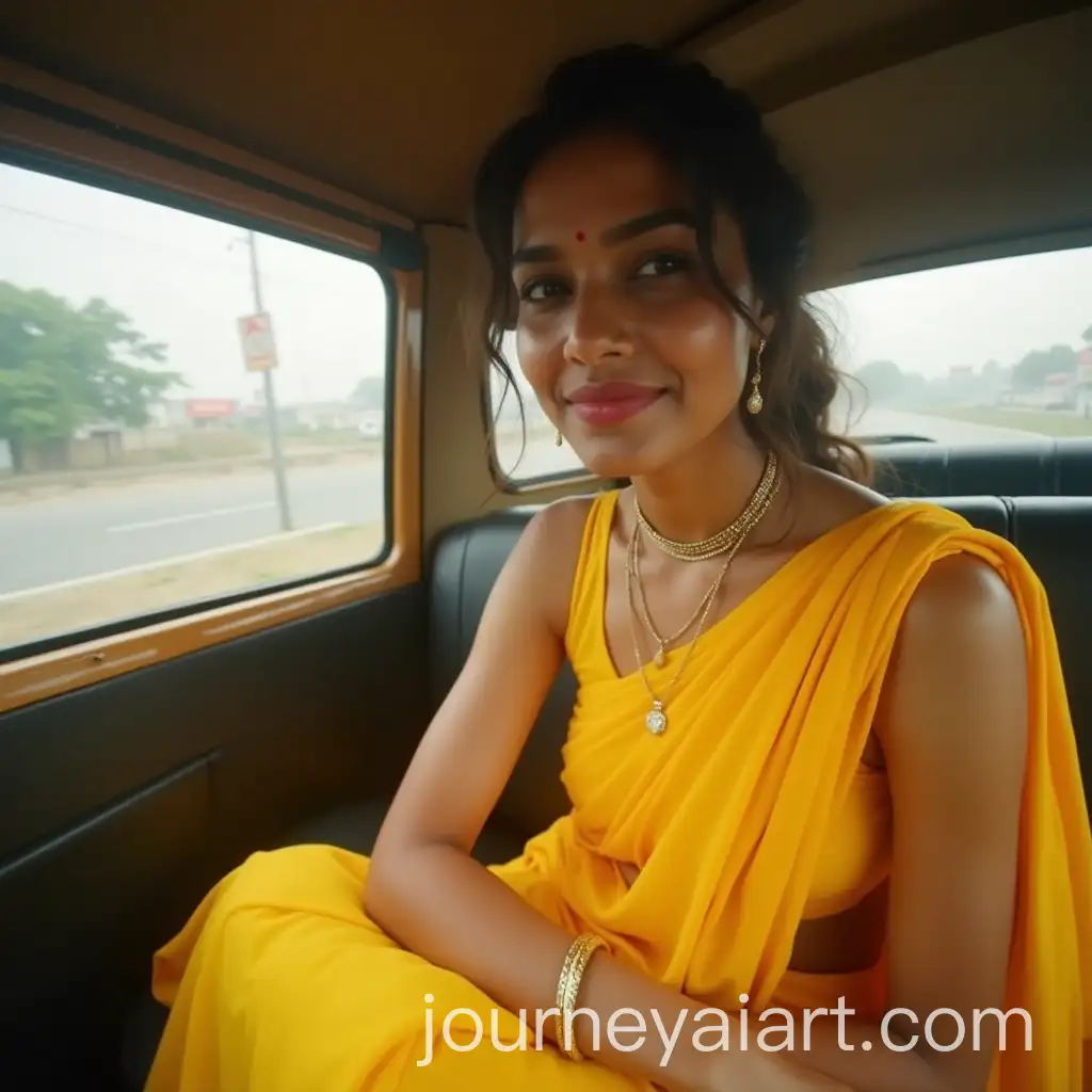 Beautiful-Indian-Woman-in-Yellow-Saree-Sitting-in-Indian-Auto-Taxi
