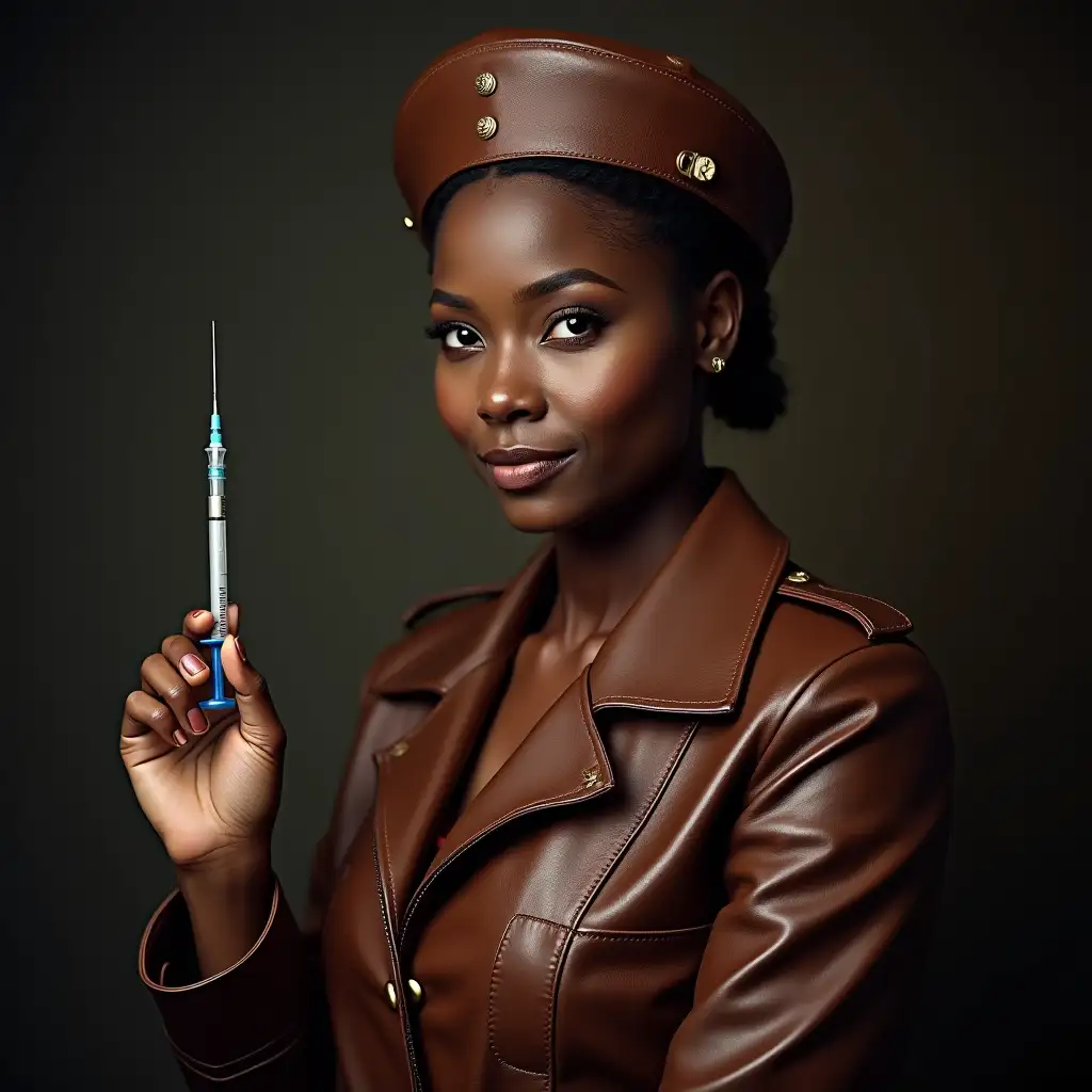 african nurse in leather uniform, leather military hat, holding injection needle