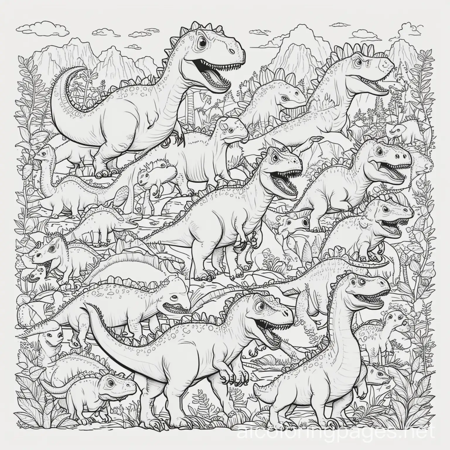 lots of cartoon dinosaurs, Coloring Page, black and white, line art, white background, Simplicity, Ample White Space. The background of the coloring page is plain white to make it easy for young children to color within the lines. The outlines of all the subjects are easy to distinguish, making it simple for kids to color without too much difficulty