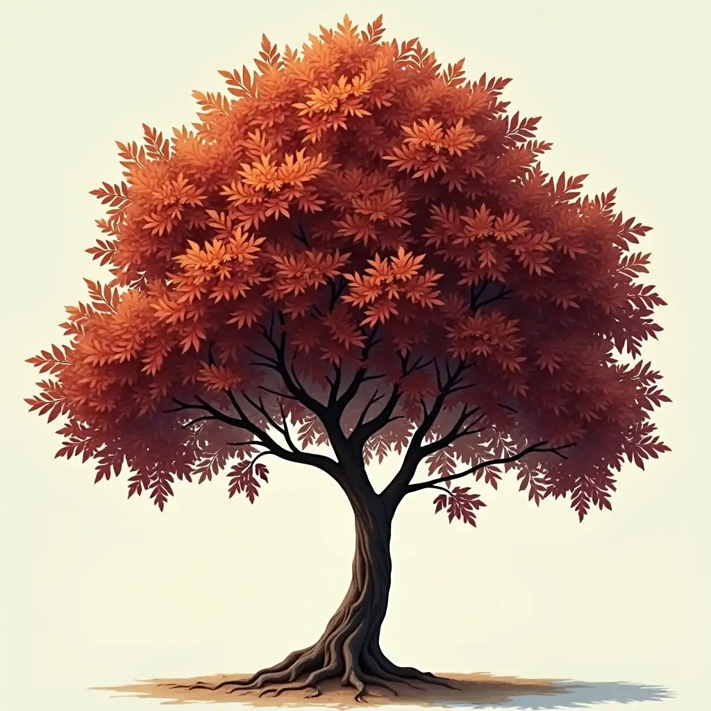 Please Create a high-quality Autuman leave tree with maroon and brown textured leaves